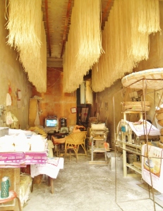 Freshly made noodles drape from the ceiling as a noodle shop owner in the town of Anren, near Chengdu reclines in front of the T.V., sheltering in the shade from the scorching mid- August heat that reaches up to 38 degrees Celsius.